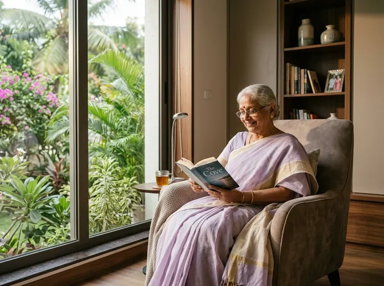 Senior lady peacefully reading by the garden window at Krishna Elite Senior Living Chennai