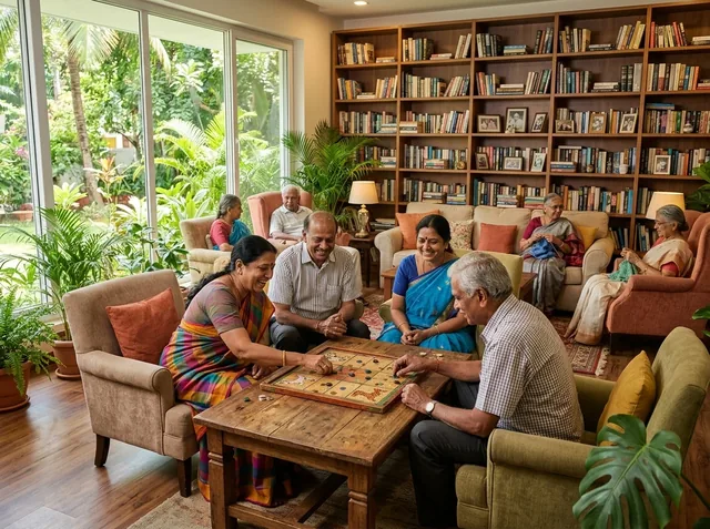 Senior recreation lounge with carrom board and library