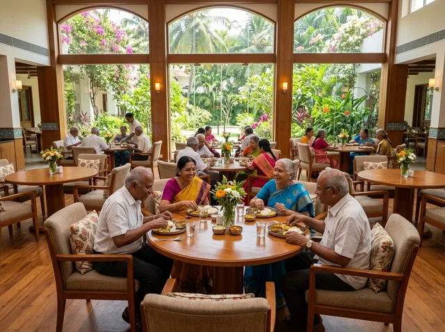 Clean senior community dining room and nutritious dining setup