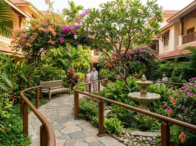 Peaceful green garden courtyard with walking pathways