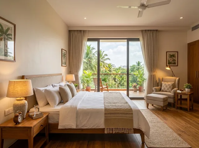 Comfortable senior suite bedroom with balcony and garden view